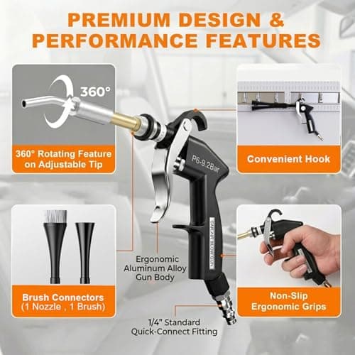 Duriumon Tornado Car Cleaning Gun with 2 Set Nozzle, Air Blower Gun for Car Detailing with Brush, High Pressure Dry Cleaning Gun Quickly Blasts Dust & Dirt Works with Air Compressor - Thumbnail 4