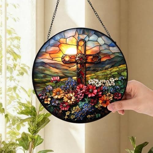 Zizzie Stained Glass Cross Suncatcher - 7.9" Real Glass Floral Mountain Sunrise Window Hanging, Weatherproof Christian Catholic Decor, Easter Memorial Sympathy Gift for Mom Women Pastor - Thumbnail 4