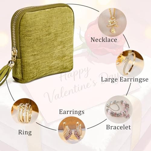 ASINGYER Travel Jewelry Storage Bag for Women, Velvet Portable Jewelry Organizer with Tassel Zipper, Small Pouches for Bracelets Necklaces Rings Earrings, Wedding Gift for Women (Green) - Thumbnail 4