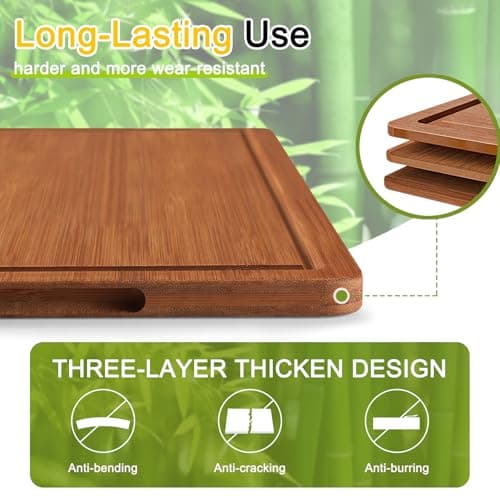 Homaxy Bamboo Cutting Board for Kitchen Set of 3, Wooden Cutting Boards with Non-Slip Mat Deep Juice Groove and Built-In Handles, Wood Chopping Board Set for Meat Fruits & Vegetables - Thumbnail 4