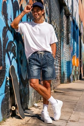 Heyfanee Mens Baggy Jean Shorts Y2k Elastic Waistband Jorts Men Streetwear Wide Leg Denim Shorts for Men Washed Blue 38 - Thumbnail 3