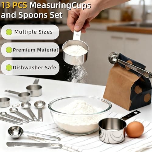 Measuring Cups and Spoons Set of 13, Stainless Steel 5 Nesting Measure Cups Set & 6 Measuring Spoons Set & 1 Leveler +1 Spoon Clip - Kitchen Baking Tools for Cooking. - Thumbnail 4