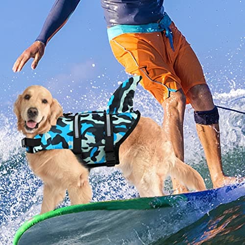 Dogcheer Dog Life Jacket Shark, Ripstop Dog Life Vest for Swimming Boating with Reflective Stripes & Rescue Handle, High Buoyancy Pet PFD Swim Vest for Small Medium Large Dogs - Camo Blue, M - Thumbnail 5