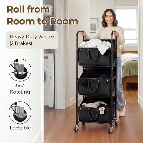 GRANNY SAYS 3 Tier Laundry Sorter, Laundry Basket with Wheels, Laundry Room Organization and Storage, 3 Section Rolling Laundry Cart for Dorm, Bathroom, Bedroom, Closet, Black - Thumbnail 5