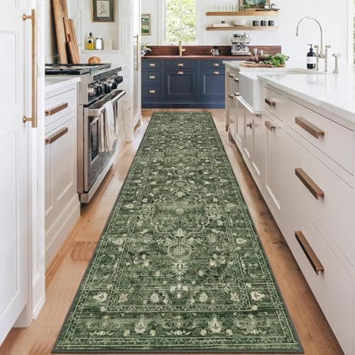 U'Artlines 2' x 8' Boho Hallway Runner Rug Vintage Farmhouse Non Slip Soft Washable Accent Runner Carpet for Kitchen, Entryway, Laundry, Living Room(Dark Green) - Image 1