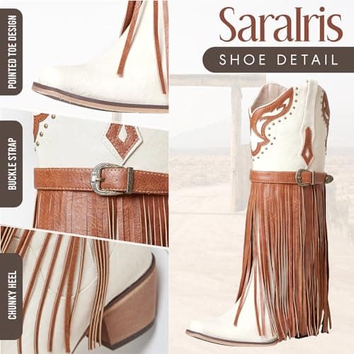 SaraIris Women's Knee High cowgirl boots Fringe Cowboy Boots Chunky Heel Buckle Strap Western Boots Pointed Toe Tassel Boots Pull On White Boots for Women Size 10 - Thumbnail 5
