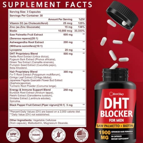 DHT Blocker for Men | Extra Strength Saw Palmetto & Biotin Hair Growth Supplement - Hair Growth Vitamins - Hair Regrowth - Natural Hair Loss Supplements for Men - Proprietary Herbal Blends,1 Pack - Thumbnail 2