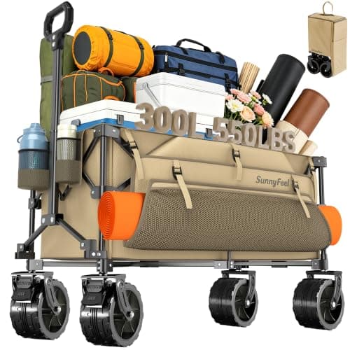 SUNNYFEEL 300L Collapsible Wagon - 550LBS Heavy Duty with Big All-Terrain Wheels Wagon Cart Foldable, Utility Folding Cart for Camping, Grocery, Shopping, Beach, Outdoor Activities, Khaki - Thumbnail 2