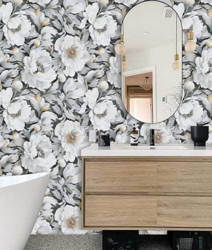 White Wallpaper Peel and Stick, Vintage Grey Peonies Floral Contact Paper 17.5" x 393.7", Retro Self Adhesive Removable Vinyl Waterproof Flower Wallpaper for Bedroom Walls Cabinet Home Decoration - Thumbnail 4