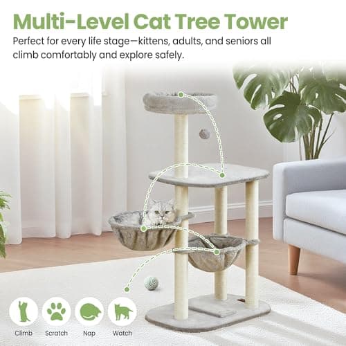 Small Cat Tree Tower with Lots of Scratching Posts - 42 Inch Medium Compact Cats Scratch House with Hammock Perch for Multi Level 2 Kitty - Indoor Corner Cat Bed Condo Climbing Gym Towers Furniture - Thumbnail 6