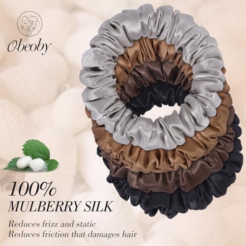 100% Mulberry Skinny Scrunchies for All Hair Types, 4 Pack 2.7inch Silk Hair Ties No Damage Reduce Fracture Indentations for Women Girls - Thumbnail 3