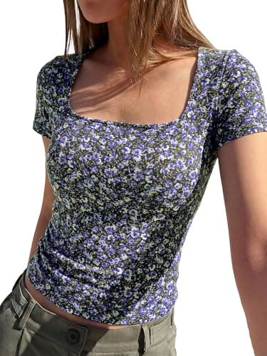 BTFBM Floral Square Neck Tops for Women 2026 Trendy Summer Outfits Short Sleeve Shirts Boho Top Beach Vacation Clothes(Black Purple Flower, Small)