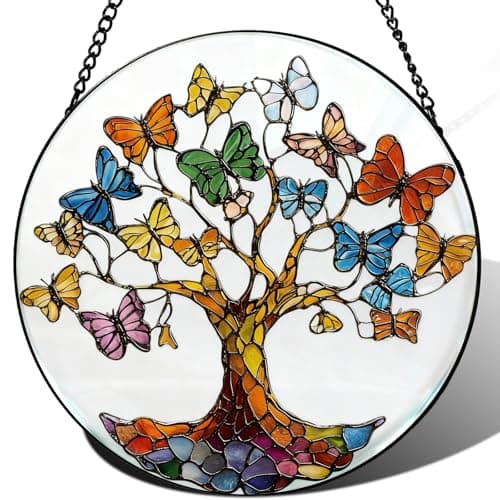 Zizzie Stained Glass Tree of Life Suncatcher - 7.9" Real Glass Blue Butterfly Leaves Window Hanging, Weatherproof Spiritual Rebirth Decor, Sympathy Memorial Healing Gift for Mom Women
