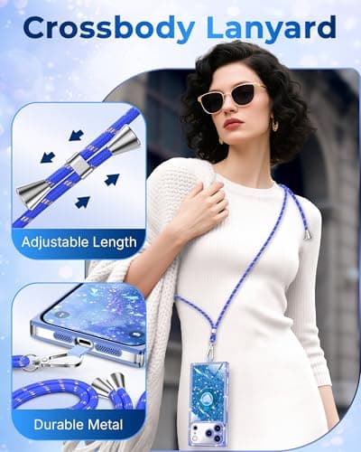 XYZ for iPhone 17 Pro Max Case, Glitter Bling Phone Cover with 2-Ring Heart Stand & Lanyard, Women Girls Luxury Rhinestone Shockproof Protective Case for iPhone 17 Pro Max, Blue - Thumbnail 5