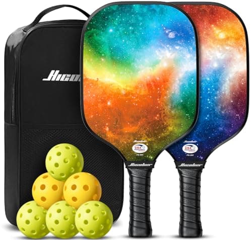 Hicober Pickleball Paddles Set of 2 | Lightweight Fiberglass Face, Cushion Grip, USA Pickleball Approved | Beginner & Intermediate Set for Indoor/Outdoor Play, 2 Paddles + 4 Balls + Carry Bag