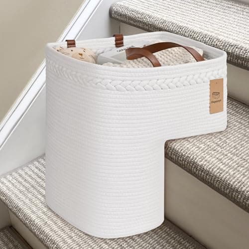 Degeyoyo Woven Stair Basket, Stair Baskets for Wooden Stairs, Carpeted Stairs Storage Basket with Handles, Staircase Baskets for Toys, Books, White, 15” L x 10” W x 15” H - Image 1