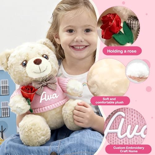 OELTTG 12in Customized Teddy Bear Gift with Rose - Easter Basket Stuffers, Personalized Plush Bear with Embroidered Name, 3 Colors & 9 Outfits | Perfect Easter Birthday Gift for Kids - Thumbnail 3