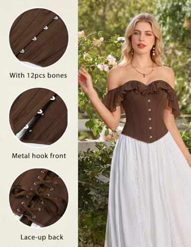 Scarlet Darkness Vintage Corset Tops for Women Renaissance Corset Boned Overbust Bodyshaper Top Brown 12 - Thumbnail 2