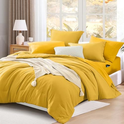 WRENSONGE King Size Comforter Set- 7 Pieces Soft Yellow Bed in a Bag with Fitted Sheet, Flat Sheet 2 Pillow Shams, and 2 Pillowcases- King Bedding Set for All Season - Thumbnail 3