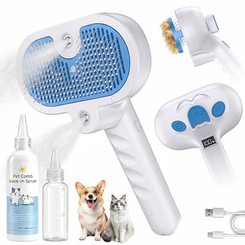 4-in-1 Pet Steam Brush for Dog & Cat with Dual Spray Nozzle | Shedding Hair Removal Comb with Waterless Shampoo, Self-Cleaning Grooming Tool for Anti-Static Skin-Friendly Use (blue) - Image 1