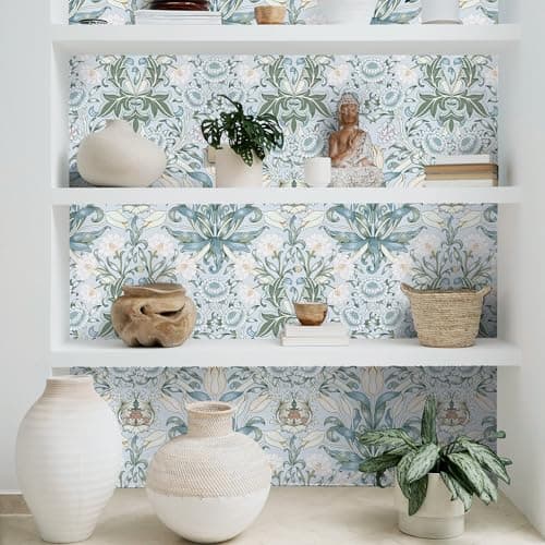 LXCREAT Blue Floral Wallpaper Peel and Stick Vintage Tulip Contact Paper Boho Wall Paper Flower Textured Removable Vinyl Self Adhesive Waterproof for Bedroom Renter Friendly Decor 17.5 in X 118in - Thumbnail 6