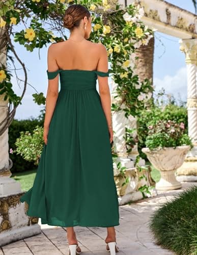 GRACE KARIN Summer Dark Green Dress for Women 2026,Off the Shoulder Smocked Bridesmaid Dresses,Formal Baby Shower Maxi Dresses L - Thumbnail 5