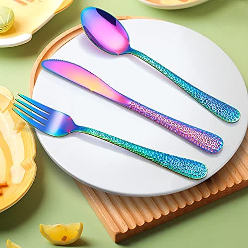 LIANYU 12-Piece Rainbow Kids Silverware Set, Stainless Steel Toddler Utensils, Hammered Preschooler Metal Flatware Cutlery Set, Children Tableware Includes Knives Forks Spoons, Dishwasher Safe - Thumbnail 4