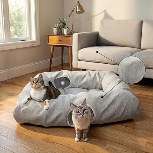 XxingSheep 4 Cave Premium Hemp Fabric XL Cat Tunnel Bed for Indoor Cats Cat Toys Cave Donut with Soft Mat - Image 1