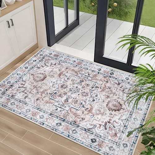 Dotiiorug Boho Washable Area Rug for Entryway,2x3 Low Pile Indoor Non Slip Carpet Kitchen Dining Room Soft Stain Resistant Bedroom Rug Non-Shedding White/Brown/Blue - Image 1