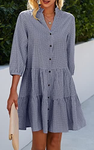 CCTOO Women's Summer Dresses Casual V Neck Button Down 3/4 Sleeve Floral Print Loose Flowy Shirt Dress Navy Blue Small - Thumbnail 5