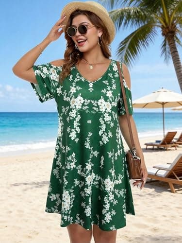 BLANCHES Plus Size Cold Shoulder Dress for Women Floral Print Off Shoulder V Neck Casual Boho Swing Dresses Ruffle A Line Vacation Elegant Mini Dress - Thumbnail 4