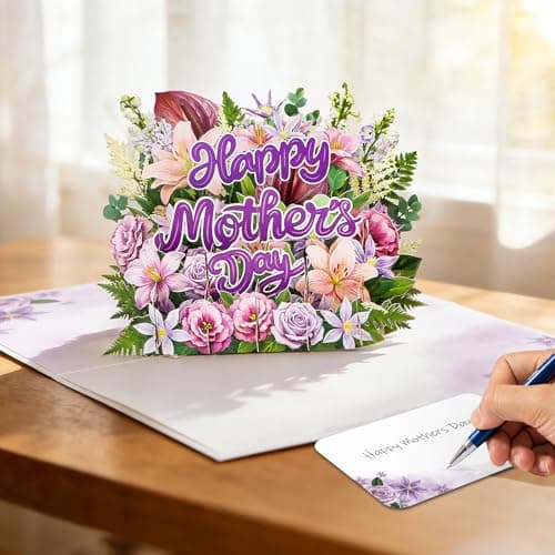 FaCraft Pop Up Mothers Day Cards - 3D Purple Lily & Rose Bouquet Card for Mom - Large 8x6 Happy Mother’s Day Card with Writing Note, Seal & White Pearlescent Envelope - Thumbnail 6