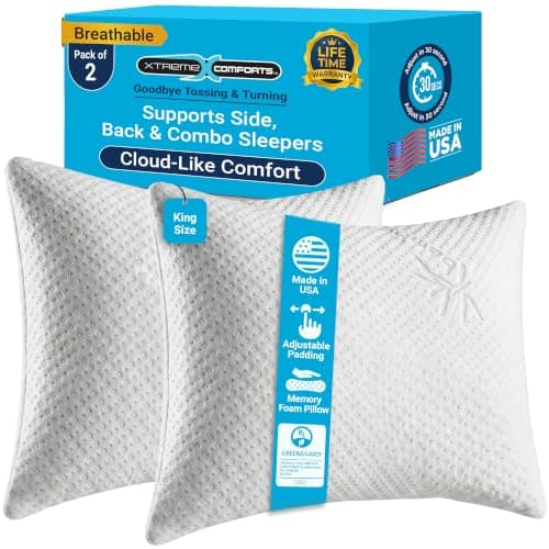Xtreme Comforts Memory Foam Pillows |GREENGUARD Certified Adjustable Shredded Foam Fill for Personalized Support |King Bed Pillows for Side,Back & Stomach Sleepers |Removable Cover |Pillows King Size