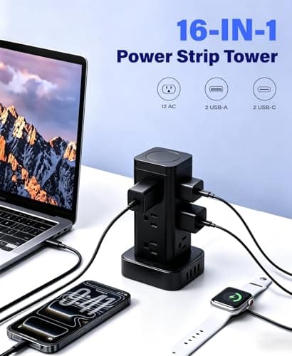 Tagzilo 16-in-1 Power Strip Tower with Surge Protector 1800J, 2USB-C & 2USB-A Ports with 12 AC Outlets, 10ft Extension Cord with Multiple outlets for Home Office Dorm Room, Black - Thumbnail 2