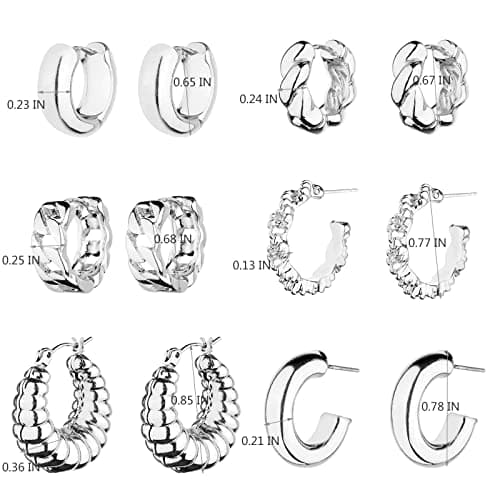 Wgoud Chunky Hoop Earrings Set Silver Hoop Earrings for Women Hypoallergenic, Thick Hoops Earring set, Twist Huggie Hoop Earring (6 Silver Chunky Hoops) - Thumbnail 5