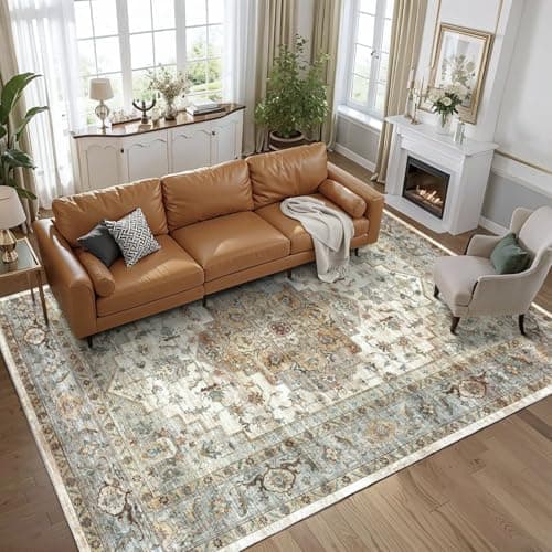 Syalife 9x12 Washable Area Rug, Ultra Soft Non-Slip, Low Pile, Stain Resistant Vintage Area Rug for Living Room, Boho Carpet for Bedroom, Dining Room, Office, Foldable Large Rugs, Multi Beige - Image 1
