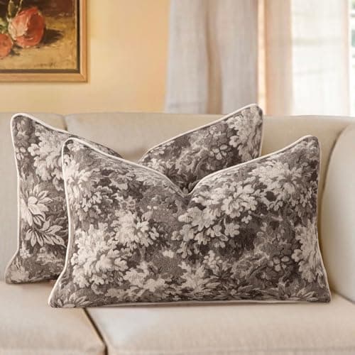 Haguko Pack of 2 Vintage Floral Throw Pillow Covers 12x20 Tapestry Chenille Soft Decorative Farmhouse Rectangular Accent Pillow Cases for Couch Bedroom Living Room Home Decor, Grey - Image 1