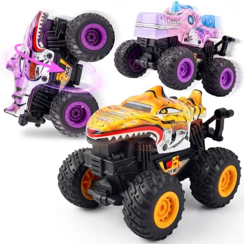BEZGAR 3 Pack Monster Truck Toys - 1:36 Scale Push and Go Toy Cars with Giant Wheels and Cool Designs, Friction-Powered Cars with Light & Sound for Boys and Girls, Kids Toys for Ages 2+