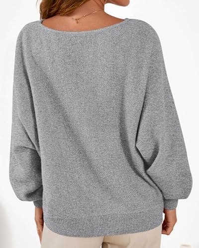 KIRUNDO Oversized Sweaters for Women Cozy Fall Fashion Boat Neck Batwing Sleeve Knit Pullover Sweater Tops Winter Clothes(Grey, Large) - Thumbnail 2