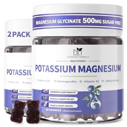2 Pack Potassium Magnesium Gummies, Sugar-Free Potassium Gummies with Magnesium Glycinate 500mg Chewable Potassium Magnesium Supplements with Calcium, Zinc & Vitamins to Support Leg Muscle Relaxation - Image 1