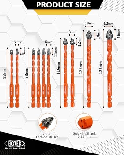 Four Blade Serrated Eccentric Masonry Drill Bit BGTEC - 10PCS 3/16" - 1/2" Carbide Concrete Drill Bits for Masonry/Brick/Concrete/Tile/Glass/Wood/Plastic/Marble - Thumbnail 2