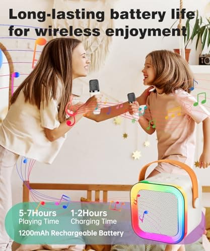 Mini Karaoke Machine Speaker for Kids Adults,Portable Bluetooth with 1-2 Wireless Microphones,Christmas Birthday Gifts Toys Girls Boys Ages 4, 5, 6,7, 8,9,10,11,12+ Years Old Toddler (Off-White -1Mic) - Thumbnail 6