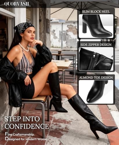 Quorvash Knee High Boots for Women - Long Elastic Faux Leather Tall Boots for Women Mid Block Heel Pointed Toe with Side Zipper Fall Winter Black Size 8.5 - Thumbnail 4