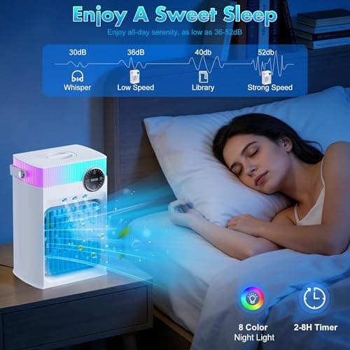 Portable Air Conditioners, Mini Portable AC Unit for Bedroom, 1200ML Small Cooling Fan with Remote, 3 Mist, 3 Speed, 8 Light, 2-8H Timer Personal Cooler Fans for Office Camping Car Desk(Pure White) - Thumbnail 6