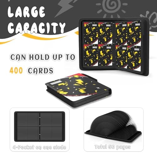 Trading Card Binder 4 Pocket,Card Binder 400 Pockets,Card Book Holder Cards with 50 Removable Sleeves,3-Ring Zip Design MTG/TCG/Sport Collectible Trading Card Albums Gifts for Boys and Girls (Black) - Thumbnail 4
