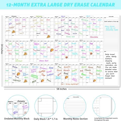 Large Dry Erase Calendar for Wall - 12-Month Undated Wall Calendar Dry Erase, 34" x 60", Reusable Yearly Calendar with Two Markers, Great Layout Dry Erase Wall Calendar for Home School or Office - Thumbnail 2