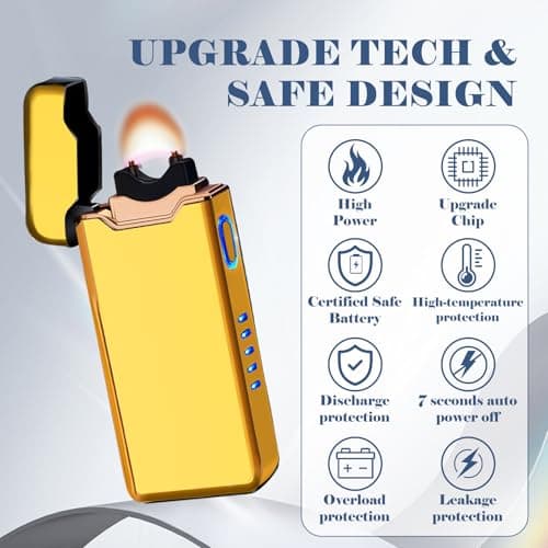 BABOBIU USB Lighter Electric Lighters Rechargeable Arc Lighters with LED Light Power Display Windproof Lighter for Men Boyfriend Husband Candle Incense Stick Outdoor (Glossy Gold) - Thumbnail 4