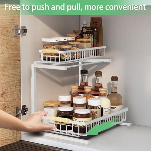 Merrylun Under Sink Organizers,5 Adjustable Height，Metal Pull Out Under Sink Organizers and Storage Shelves with Sliding Drawer (White, 2 pack) - Thumbnail 3