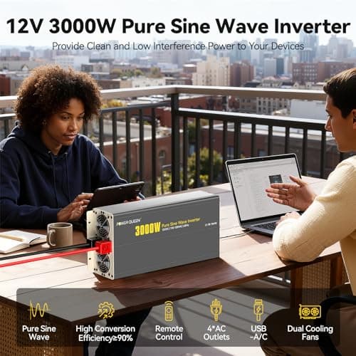 Power Queen 3000W Pure Sine Wave Inverter Charger,Solar Power Inverter 12V DC to 110V-120V AC C onverter with Remote Control,6000W Peak Power，4 AC Outlets USB Type-C for Home RV Off-Grid Solar Power - Thumbnail 3