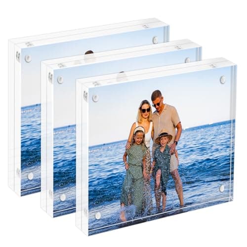 Oubou Acrylic Picture Frames 3 Pack,4X4 Double Sided Magnetic Picture Frames, 10+10mm Thick Block，Clear Freestanding Transparent Acrylic Frames, Gifts for Women Mom Grandma Father Girlfriend Sister